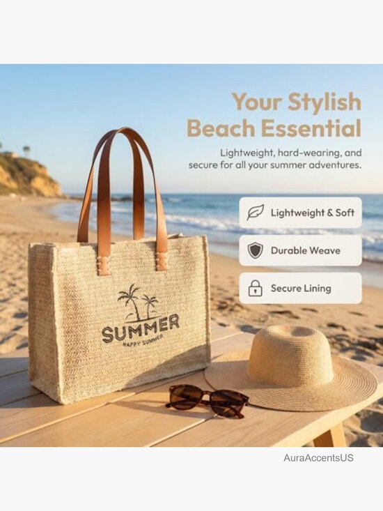 Quiet Luxury Style Raffia Straw Tote - Perfect for Vacations Straw Raffia Beach Bag, Woven Shoulder Tote, Foldable Summer Vacation Bag